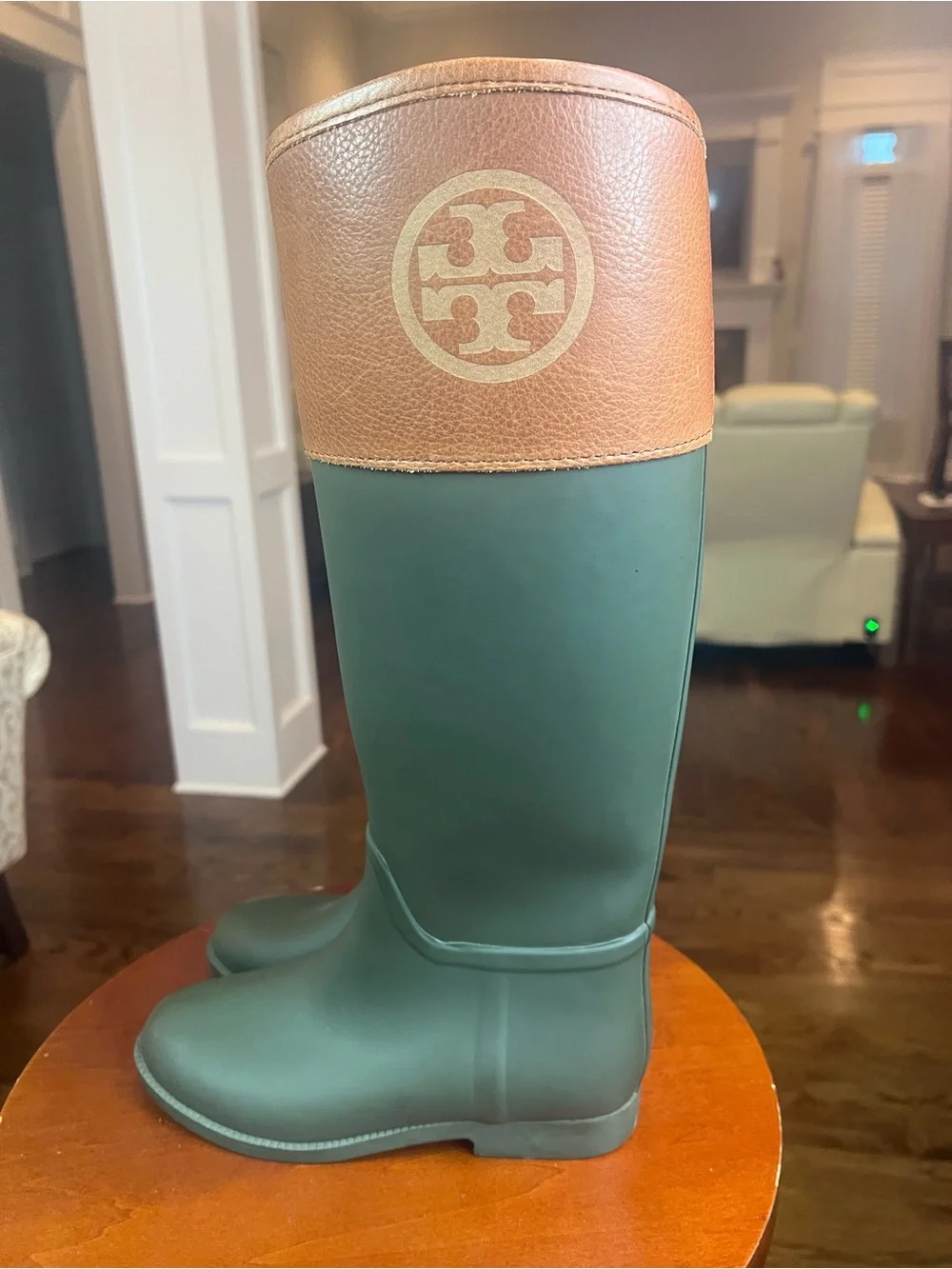 Tory Burch Green and Tan Tall Rain Boots